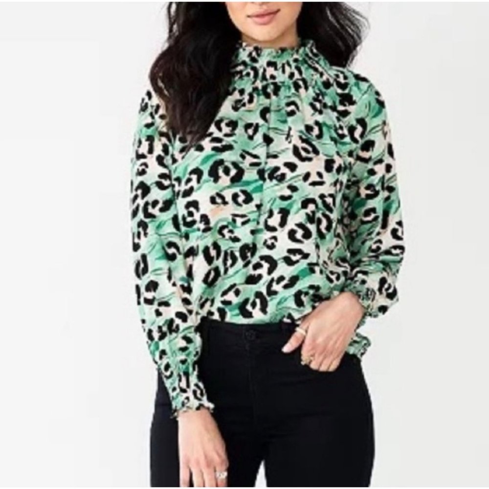 Nine West Leopard Print Mock Neck Blouse Green Elastic Frills Shirred Top Size L - Picture 10 of 10